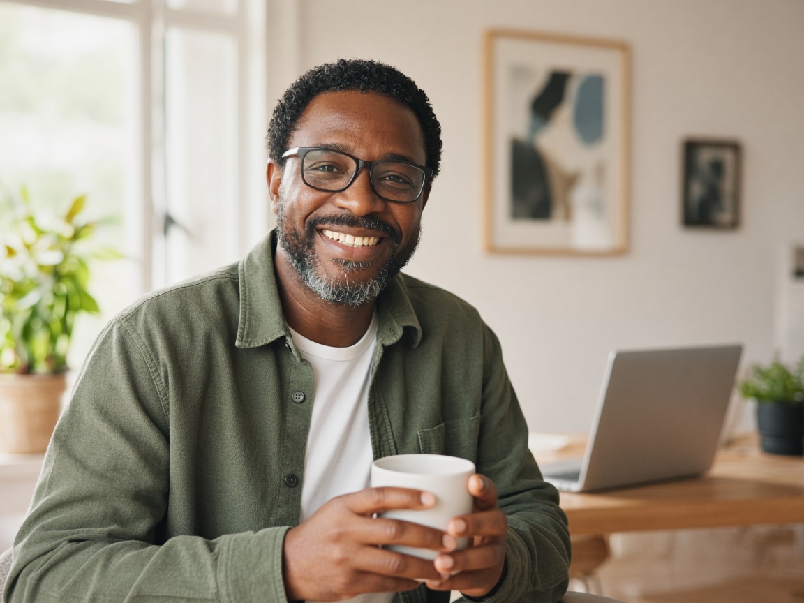 Customer smiling while planning finances at home
